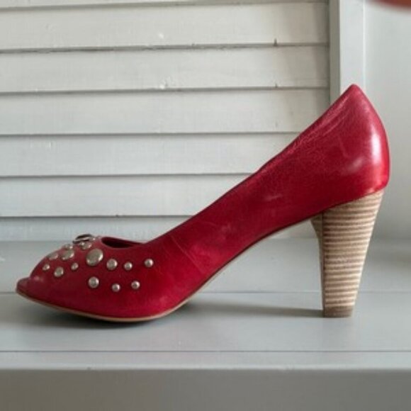 Franco Sarto Fanatic Red Leather Studded Peep Toe Pumps Stacked Heel Size 10M - Picture 4 of 14